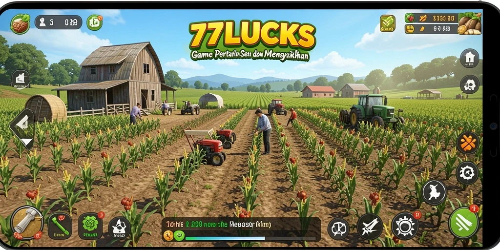 Tampilan utama gameplay <strong>77LUCKS</strong> menunjukkan aktivitas bertani yang seru dan interaktif.