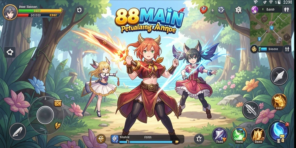 Tangkapan layar gameplay 88MAIN menampilkan pertempuran seru dan karakter anime.