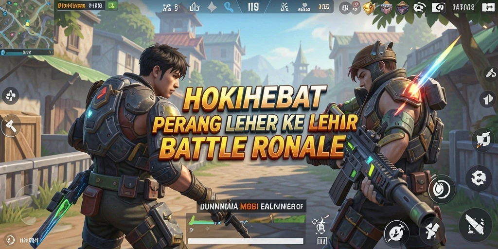 Screenshot utama HOKIHEBAT menampilkan pertempuran seru di arena Battle Royale.