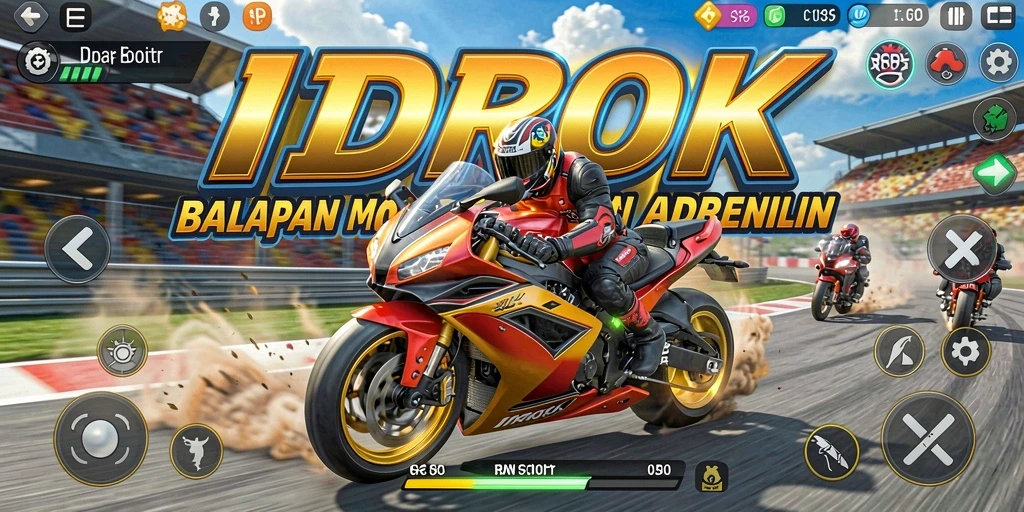 Screenshot utama IDROK menampilkan balapan motor yang intens dan mendebarkan.