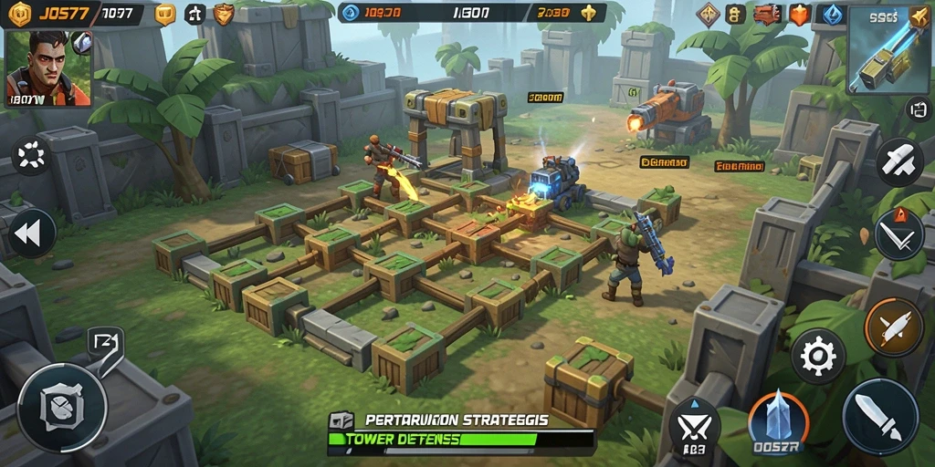 Tampilan gameplay JOS77 menunjukkan aksi menara melawan musuh.