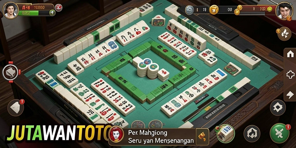 Screenshot gameplay JUTAWANTOTO menampilkan papan Mahjong yang penuh warna.