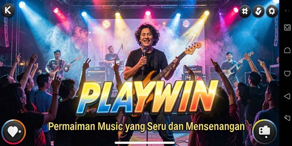 Tangkapan layar menunjukkan gameplay dinamis di PLAYWIN dengan berbagai lagu.