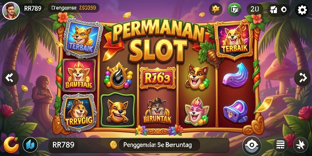 Screenshot gameplay dari RR789 menampilkan gulungan penuh warna dan fitur menarik.