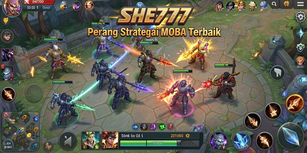 Tampilan screenshot gameplay SHE777 yang seru dalam pertarungan MOBA.