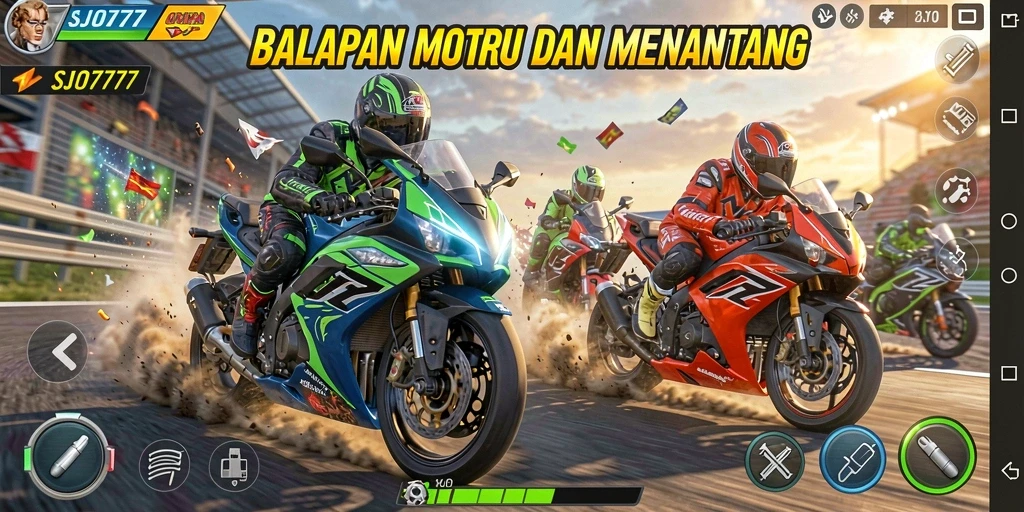 Screenshot gameplay SJO777 menampilkan aksi balapan motor yang mendebarkan.