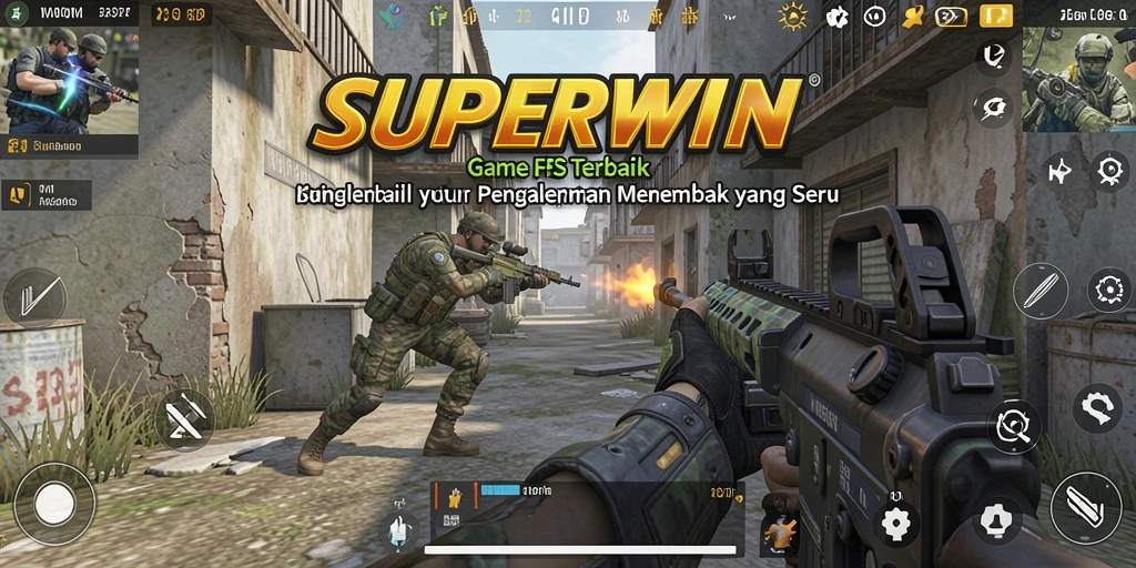 Tampilan gameplay SUPERWIN dengan aksi menembak yang intens.