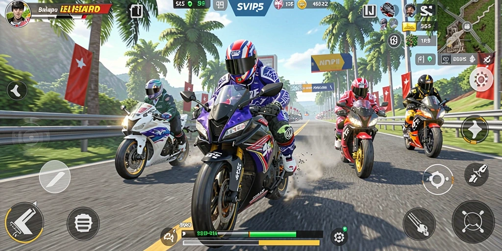 Screenshot gameplay SVIP5 menampilkan aksi balapan motor yang seru.